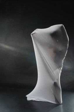 Bir figür yarı saydam kumaşla kısmen örtülüdür, yumuşak ışıklandırmalı koyu bir arka plana karşı esrarengiz bir görüntü oluşturur..