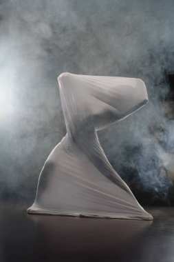 Şeffaf kumaşlara sarılı gizemli bir figür dönen sisin ortasında yükselir ve büyüleyici bir şekil ve doku gösterisi yaratır..