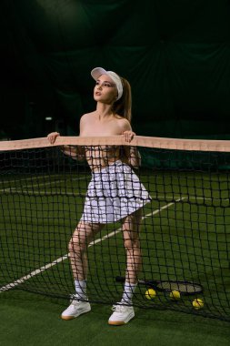 Kendine güvenen bir atlet tenis ağının arkasında etek ve şapka giyerek durur. İç mekan eğitim ortamında güç ve zarafet gösterir..