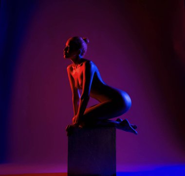 Bir model, stüdyodaki canlı mor ve mavi ışıklarla aydınlatılmış bir kaideye zarifçe çömelir..