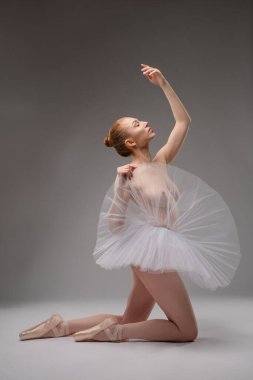 Güzel bir kadın bale pozu veriyor, sanatını ve atletizmini tül etekli, çarpıcı üstsüz kıyafetiyle sergiliyor..