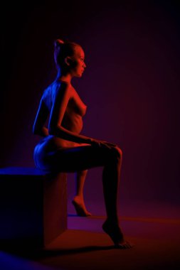 Bir model, bir stüdyo ortamında canlı mor ve kırmızı ışıkla aydınlatılmış bir kaidede zarifçe oturur..