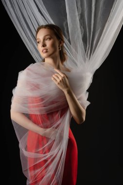 İyi ışıklandırılmış bir stüdyoda, kırmızı elbiseli bir kadın zarif bir şekilde poz verir, yumuşak, katıksız kumaşla örtülmüş olarak duygularını sergiler. İfadesi güven ve kırılganlığın bir karışımını taşıyor..