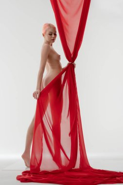 Bir güzellik durgun bir stüdyo ortamında kendini hafifçe kırmızı kumaşla kaplayarak sanatsal ve zarif bir görüntü sergiliyor..