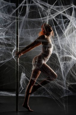 Kırmızılı çarpıcı bir kadın ağ benzeri bir ortamda ağ tuzağı kurar, güzelliğini ve gücünü gösterir..