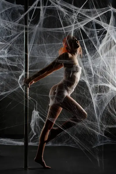 Kırmızılı çarpıcı bir kadın ağ benzeri bir ortamda ağ tuzağı kurar, güzelliğini ve gücünü gösterir..