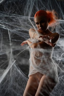 Kızıl saçlı çarpıcı bir kadın, şeffaf bir ağ tuzağında zarifçe mücadele ediyor, alacakaranlıkta yumuşak ağlara dolanmış..