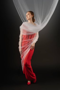 Stüdyoda, bir kadın hassas kumaşla vurgulanmış canlı kırmızı bir elbise içinde zarif bir şekilde poz verirken bir dizi duyguyu ifade eder. Işıklandırma onun zarif varlığını arttırıyor..