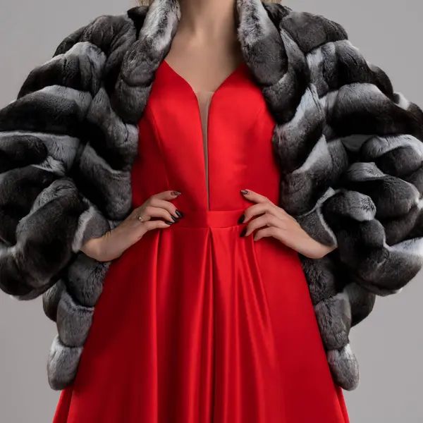 Moda odaklı bir ortamda şık bir kürk manto ile tamamlanmış çarpıcı kırmızı bir elbise, zarafet ve entelektüellik sergiliyor..