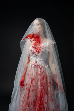 Bir gelin karanlık bir ortamda duruyor, gelinliği kanla lekelenmiş, bir katanaya musallat olmuş bir ifadeyle sarılıyor..