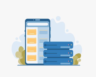 Sanal bulut sunucusu veya bulut hesaplama platformu. Modern Düz Çizim.