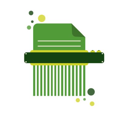 Yeşil kağıt, kağıt öğütücü gizli ve özel belge, ofis bilgi koruma simgesi beyaz arkaplanda izole edildi. Vektör simgeleri