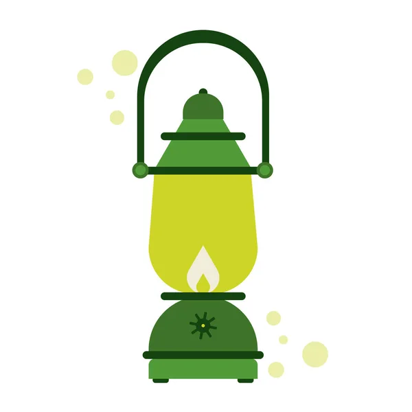 Lanterna Retro Querosene Verde Com Fogo Vintage Lâmpada Acampamento Ilustração —  Vetores de Stock
