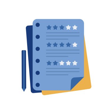 Sayfalarda ve derecelendirme yıldızlarında el yazısıyla yazılmış bir geri bildirim günlüğü resmi. Vektör illüstrasyonu