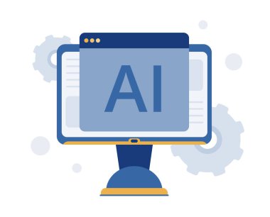 Yapay zekaya sahip analog bir pencereyi gösteren bir bilgisayar monitörü. Robotik yazma haber yayını ve dijital teknolojiyle makale oluşturma. Mükemmel vektör grafikleri