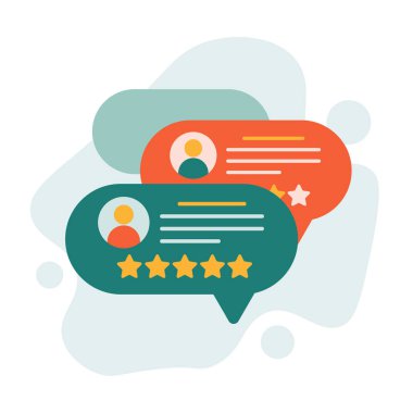 Tüketici itibarının düz çizimi. Puanlama balonu konuşmaları, iyi ve kötü oranlı yıldızlar ve metin. Çizgi film biçimi.