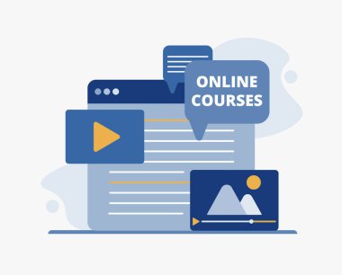 Çevrimiçi kurslar, uzaktan öğrenme, webinarlar. Beyaz arkaplanda düz vektör çizimi.