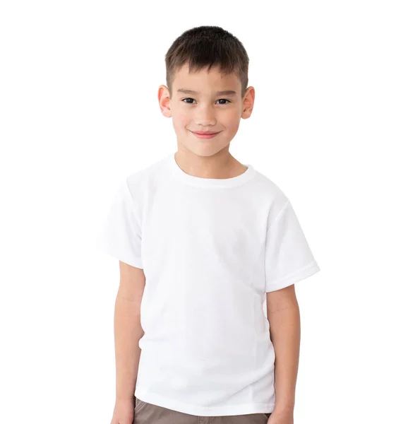 Tişört Maketi Beyaz Tişörtlü Şirin Çocuk Beyaz Arka Planda Izole — Stok fotoğraf