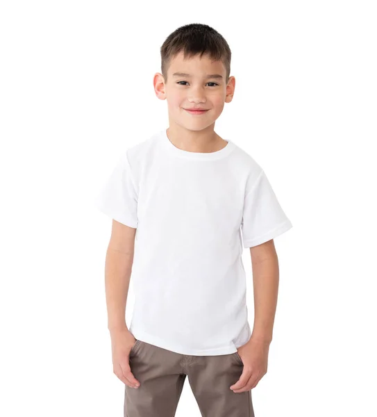 Camiseta Burla Muchacho Moliendo Camiseta Blanca Blanco Aislado Sobre Fondo —  Fotos de Stock