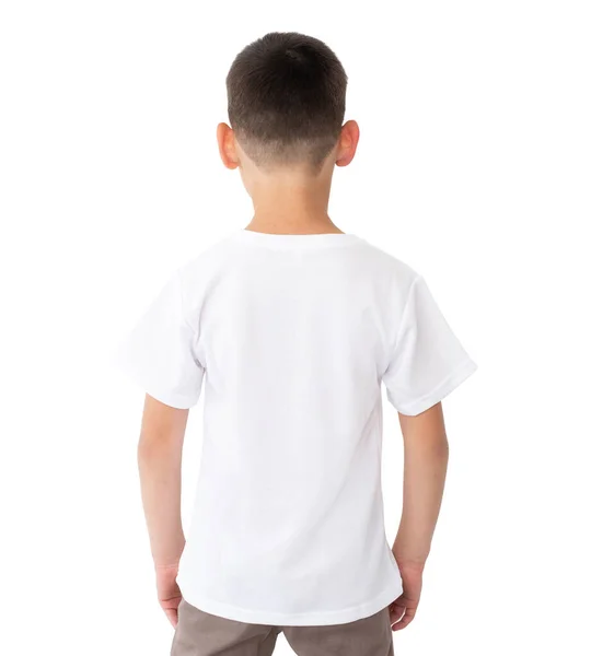 Shirt Attrappe Auf Kleiner Junge Weißen Shirt Rückseite Isoliert Auf — Stockfoto
