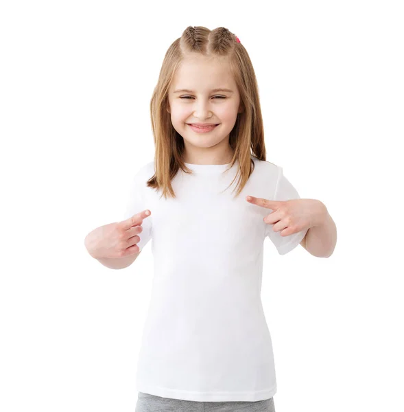 Shirt Makieta Cute Little Girl Blank Biały Shirt Palcem Spiczastym — Zdjęcie stockowe