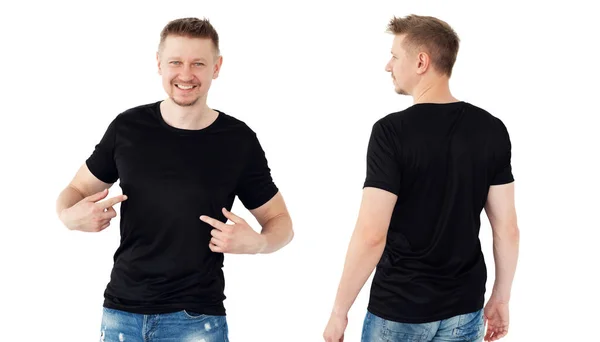 Attraktiv Ung Man Svart Shirt Isolerad Vit Bakgrund Isolerad Vit — Stockfoto