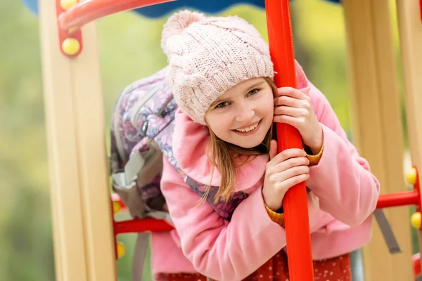 Pretty Girl Kid Playing Playground Autumn Day Outdoors Looking Camera — Stock Photo, Image