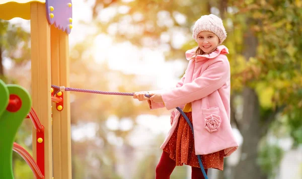 Preteen Girl Kid Climbing Playground Autumn Park Smiling Happy Female — Stock Photo, Image