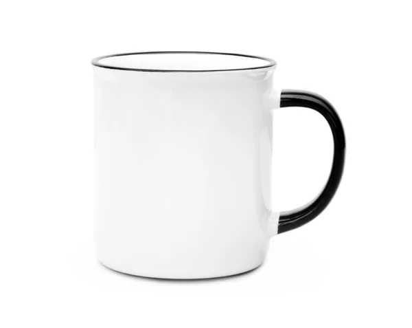 Weiße Rustikale Tasse Mit Schwarzen Elementen Auf Weißem Hintergrund Becher — Stockfoto