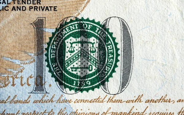 Κλείσε Την Μακρο Προβολή Του Χαρτονομίσματος Των Εκατό Αμερικανικών Δολαρίων — Φωτογραφία Αρχείου