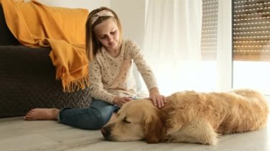 Güzel genç kız evde sevimli köpeğiyle oynuyor. Golden retriever köpeğini okşayan kız.