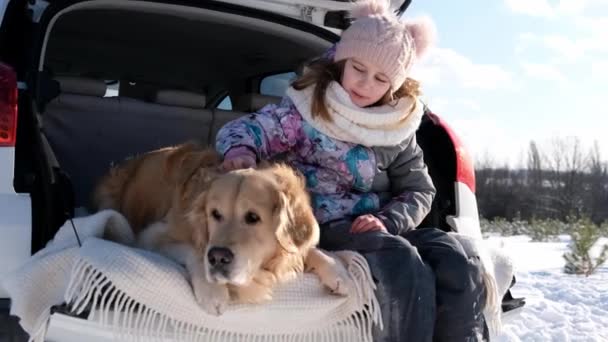 冬の屋外で車のトランクに座っている小さな女の子は黄金のレトリバー犬をストロークします 雪の性質で車の中で純血種のペットを持つ子供 — ストック動画