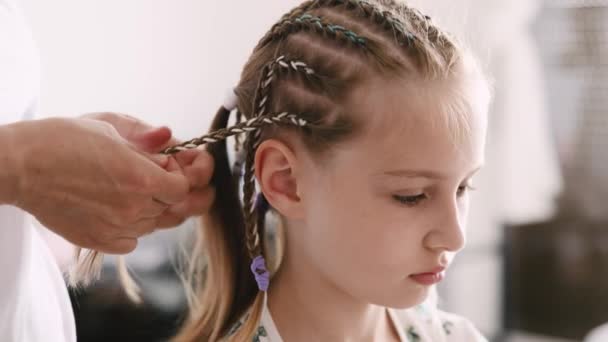 Barbeiro Tranças Pigtail Penteado Para Pré Adolescente Menina Com Cabelo — Vídeo de Stock