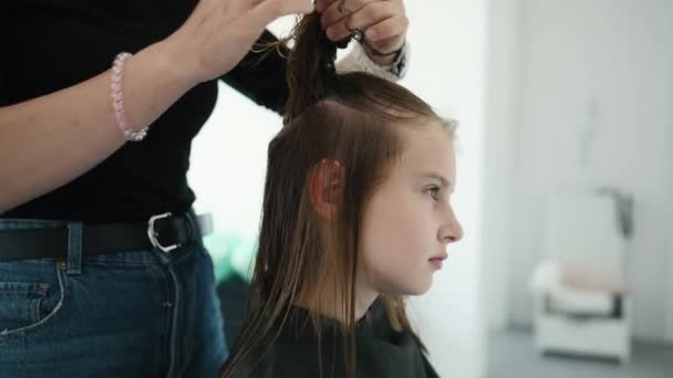 Coiffeur Préparant Les Cheveux Fille Préadolescente Pour Coupe Cheveux Enfant — Video