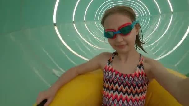 Cute Child Girl Inflatable Tube Goes Water Slides Aquapark Kid — Stock Video