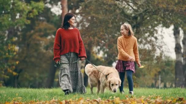 Мати Дочка Ходять Золотою Собакою Ретривером Осінньому Парку Сім Відпочиває — стокове відео