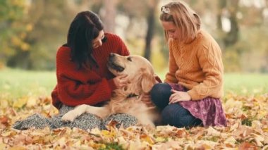 Anne ve kızı sonbahar parkında eğleniyor ve altın renkli köpekleri okşuyor. Mutlu aile dışarıda köpeklerle oynuyor..