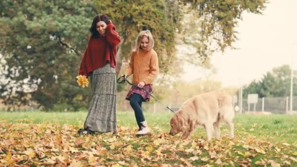 Мати Дочка Ходять Золотою Собакою Ретривером Осінньому Парку Щаслива Сім — стокове відео