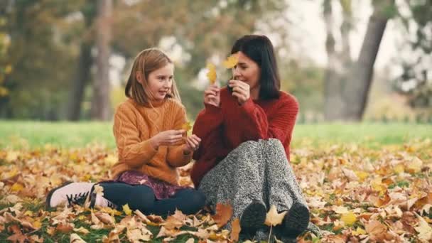 어머니와 은가을 공원에서 재미를 야외에서 낙엽을 가지고 — 비디오