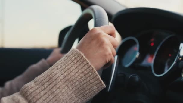 Direksiyonda Kadın Eller Yolda Araba Süren Kadın Ağır Çekimde Arabayla — Stok video