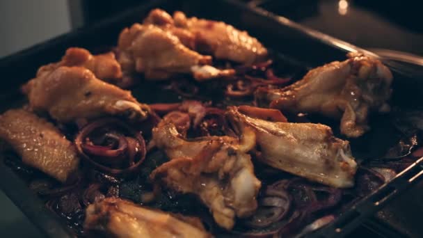 Tavuk Kanatları Bacakları Fırına Hazır Kız Elleri Pişirmek Için Soğanlı — Stok video