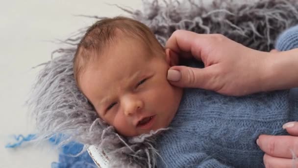 プロの写真家は新生児の男の子をなだめると写真撮影中に彼の頭をストローク 幼児の顔のクローズアップ — ストック動画