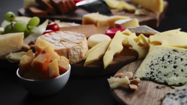 Mix Cheese Fruits Cheese Plate Dark Table — Stock Video