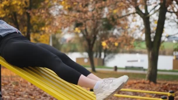 健身女孩在秋季公园里做腹肌锻炼 抬腿向上 年轻的女运动员在大自然中锻炼 — 图库视频影像