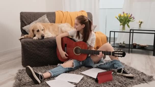 漂亮的少女在家里练习吉他 为金发碧眼的猎犬宠物歌唱 带着纯正的小狗在客厅里弹奏乐器 — 图库视频影像