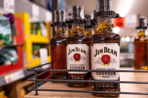 Whiskey Jim Beam Bottles Supermarket Closeup Alcohol Strong Beverage Party — Stock Photo, Image