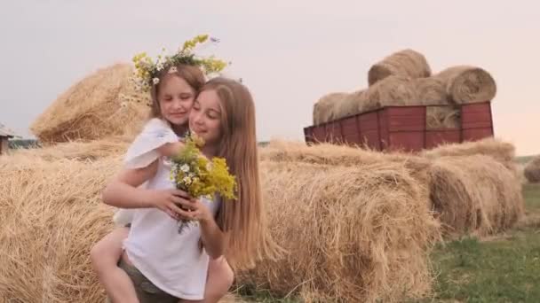 Two Teens Sisters Spending Time Together Field Hay Stacks Backgroung — Wideo stockowe