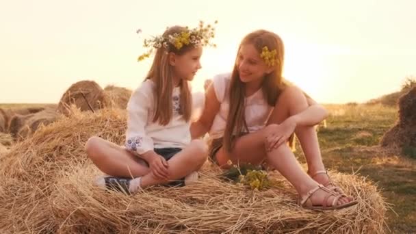 Two Pretty Sisters Wearing Flower Wreath Sitting Hay Stack Hugging — Stock Video