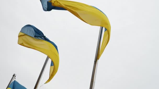 Українські Національні Прапори Махають Флагштоку Проти Хмарного Неба Символ Свободи — стокове відео