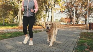 Sport girl running with golden retriever dog at autumn in the park. Beautiful young woman jogging with pet doggy labrador outdoors